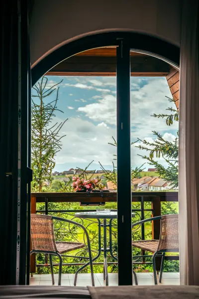 Usa arcuita spre balcon cu vedere panoramica – Pensiunea Veranda, Remetea, Harghita
